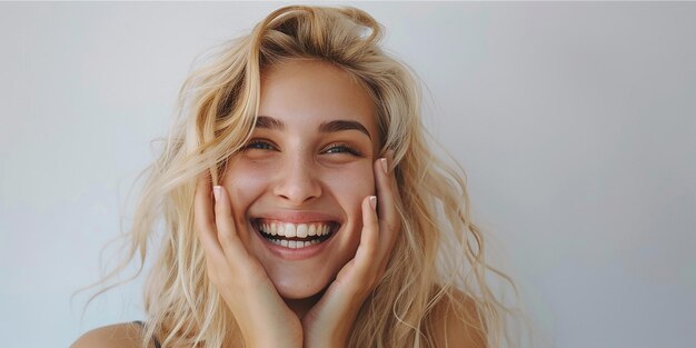 Foto retrato de uma garota loira com um sorriso perfeito posando casualmente