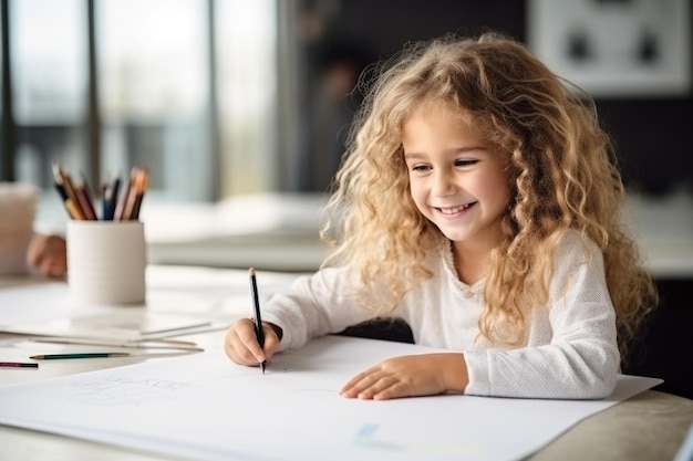 Foto retrato de uma garota loira muito feliz fazendo um desenho gerado por ia