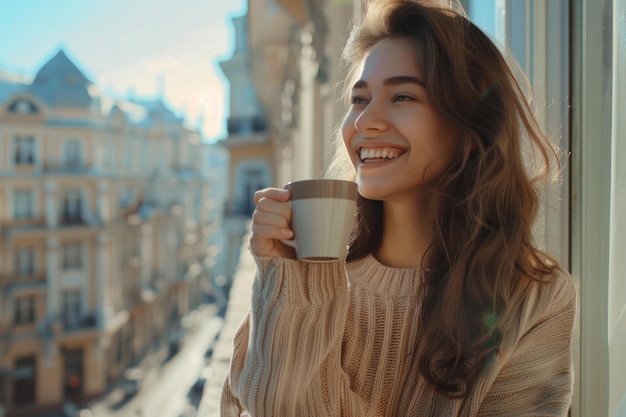 Retrato de uma garota morena rindo bebendo café na cidade