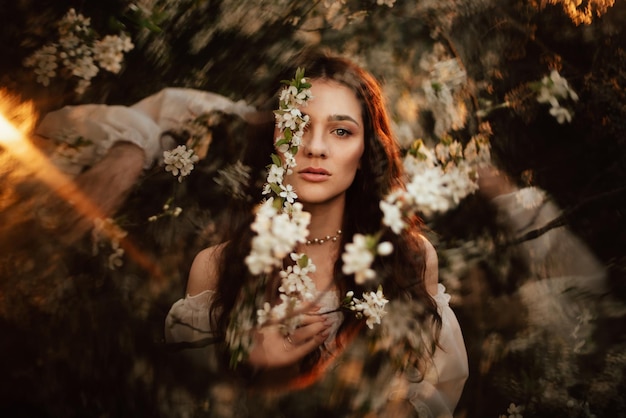 Retrato de uma garota romântica em um jardim florido com elementos de fantasmagoria. O conceito de fantasia, contos de fadas.
