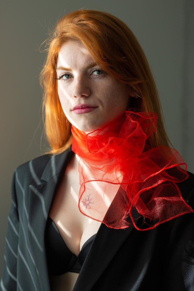 Foto retrato de uma garota ruiva com um lenço vermelho ao redor do pescoço em um terno e luz da manhã suave superior das persianas