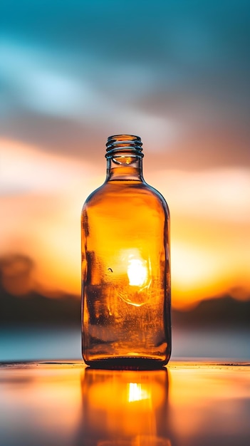 Retrato de uma garrafa vazia contra o fundo do pôr-do-sol