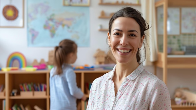 Foto retrato de uma gentil professora de jardim de infância montessori em um jardim de infância com crianças leves