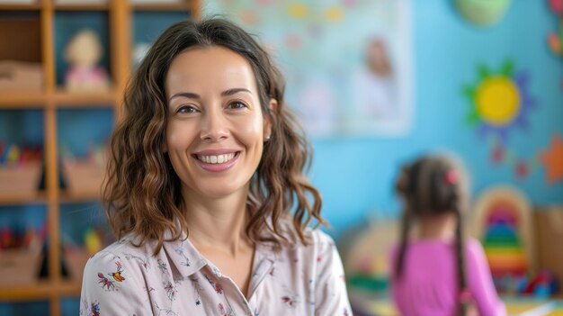 Foto retrato de uma gentil professora de jardim de infância montessori em um jardim de infância com crianças leves