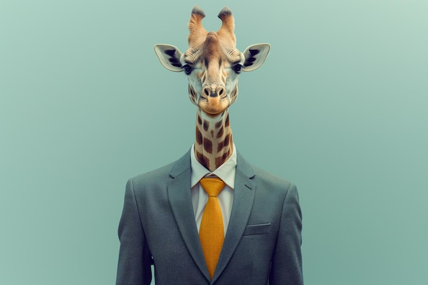 Retrato de uma girafa elegante vestida de fato em um fundo verde