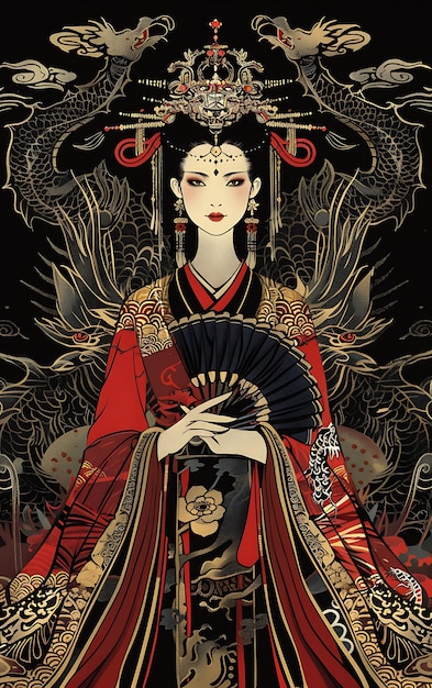 Retrato de uma imperatriz chinesa vestindo uma túnica de dragão e uma camiseta Pho Design Art Tattoo Ink Frames