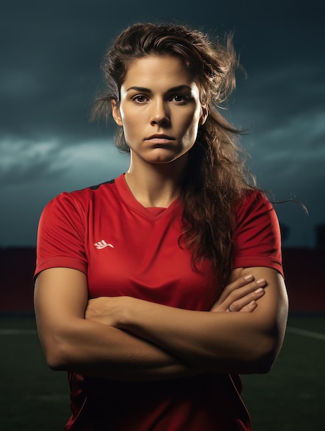 Foto retrato de uma jogadora de futebol em frente a um campo