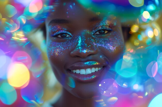 Retrato de uma jovem afro-americana com glitter no rosto