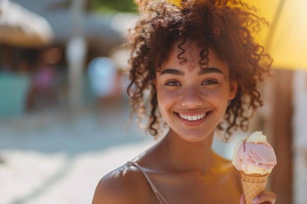 Retrato de uma jovem afro-americana feliz com sorvete em um cone de waffle em um dia ensolarado estilo de vida de verão