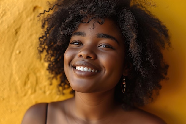 Foto retrato de uma jovem afro-americana muito positiva com penteado afro encaracolado de pé contra um estilo de vida de fundo de parede amarela