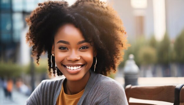 Retrato de uma jovem afro-americana olhando para a câmera e sorrindo