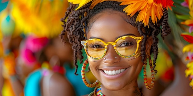 Retrato de uma jovem afro-americana usando óculos de sol e sorrindo na moda do Festival