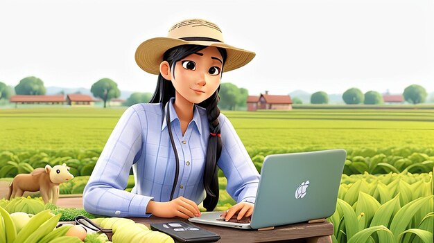 Retrato de uma jovem agricultora asiática com laptop