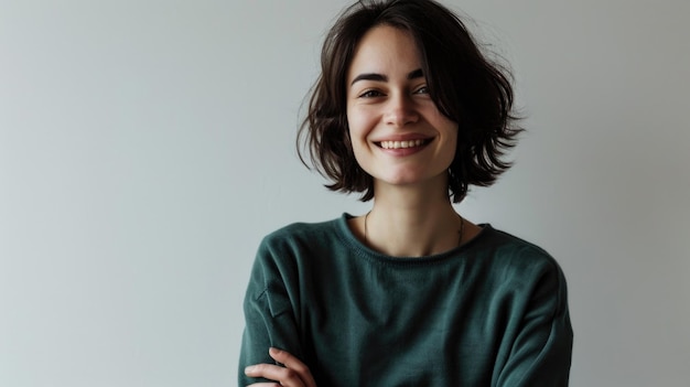 Retrato de uma jovem alegre com cabelos curtos e escuros e um suéter verde