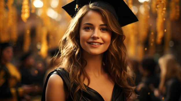 Retrato de uma jovem alegre com um boné de formatura.