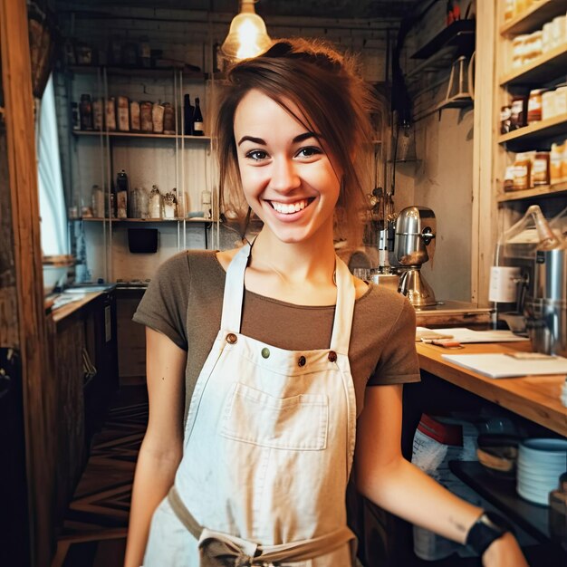 Retrato de uma jovem alegre trabalhando em uma cafeteria Conceito de trabalhar feliz em uma cafeteria