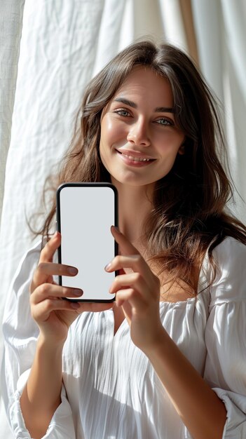 Retrato de uma jovem alegre usando um smartphone