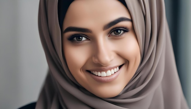 Retrato de uma jovem árabe sorridente de hijab preto olhando para a câmera em um fundo claro