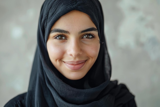 Retrato de uma jovem árabe sorridente de hijab preto