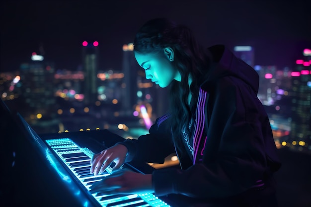 Retrato de uma jovem artista tocando sintetizador de teclado