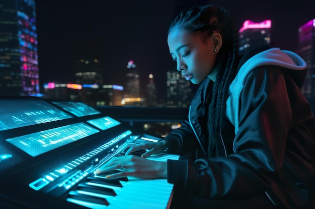 Retrato de uma jovem artista tocando sintetizador de teclado