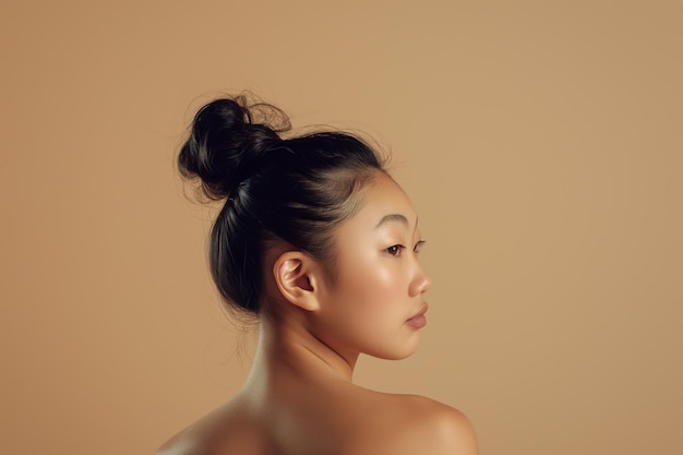 retrato de uma jovem asiática com o cabelo amarrado na cabeça e ombros nus em um fundo bege