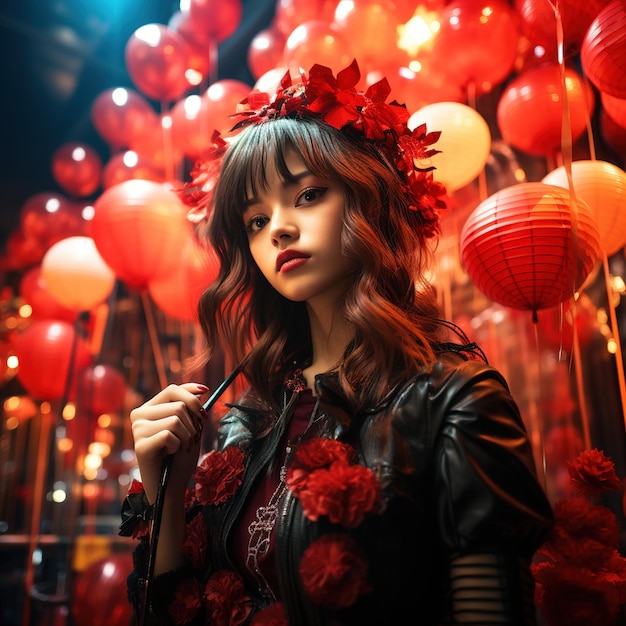 Retrato de uma jovem asiática com um cocar de flores vermelhas e uma jaqueta de couro preta em frente a uma parede de lanternas vermelhas