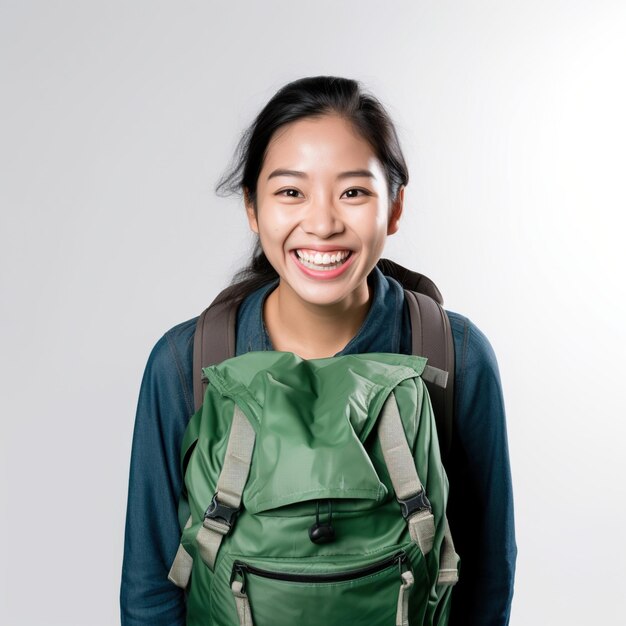Foto retrato de uma jovem asiática com uma mochila