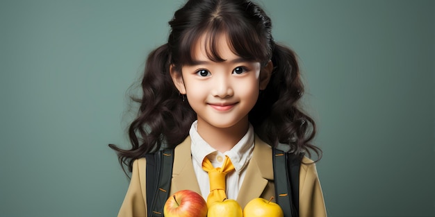 Retrato de uma jovem asiática divertida, inteligente e feliz, com maçã isolada em fundo pastel
