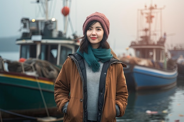 Retrato de uma jovem asiática em frente aos barcos de pesca Turista feminina em frente ao porto de pesca de Zhengbin e apreciando a vista traseira de corpo inteiro AI gerada
