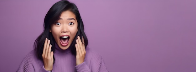 Retrato de uma jovem asiática muito feliz e chocada, inacreditável, olhando para a câmera e espalhando as mãos isolado em fundo roxo publicidade generativa ai