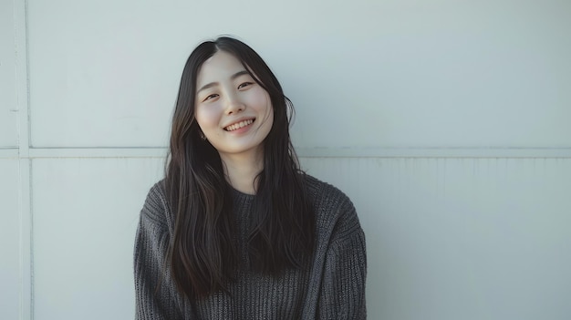 Retrato de uma jovem asiática sorridente contra uma parede branca