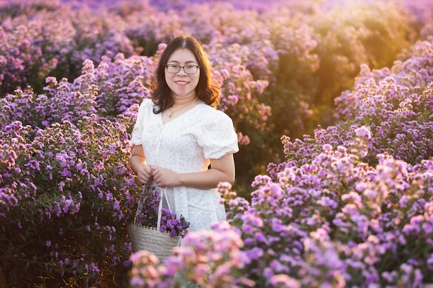 Retrato de uma jovem asiática viajante feliz com vestido branco desfrutando no campo de flores branco florescente ou roxo Michaelmas Daisy no jardim natural de Chiang MaiThailandtravel relaxar férias