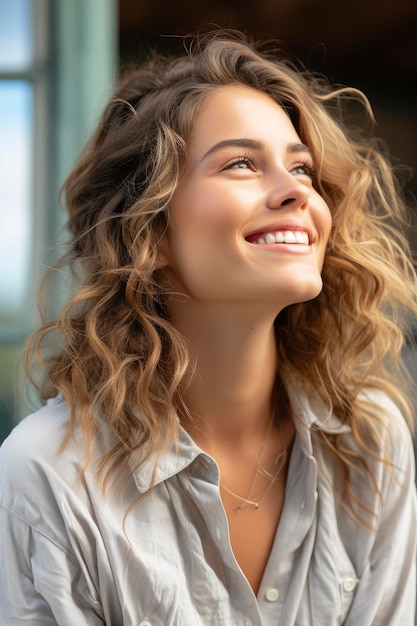 Retrato de uma jovem atirada de lado sorrindo perto da janela