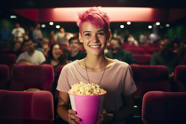 Foto retrato de uma jovem atraente com cabelos rosa assistindo a um filme no cinema