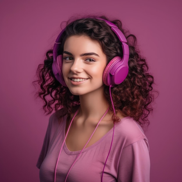 Retrato de uma jovem atraente curtindo música com fundo roxo rosa