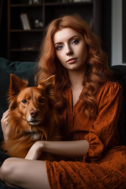 Retrato de uma jovem atraente relaxando no sofá com seu cachorro
