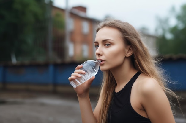 Retrato de uma jovem bebendo água depois de se exercitar ao ar livre, criada com IA generativa