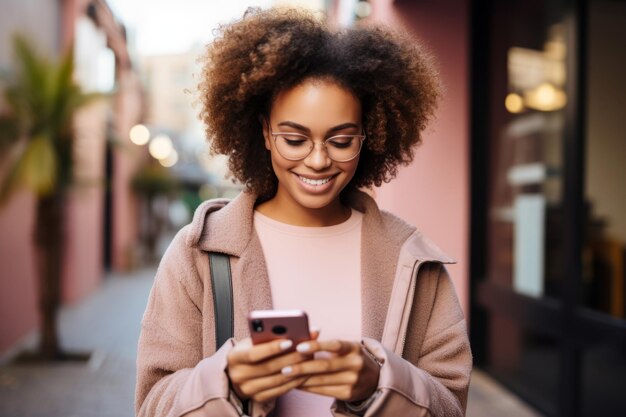 Foto retrato de uma jovem bela mulher afro-americana com smartphone ao ar livre menina sorridente positiva com cabelo afro em roupas cor-de-rosa enviando mensagens de texto desfrutando de comunicação on-line usando chat de aplicativo