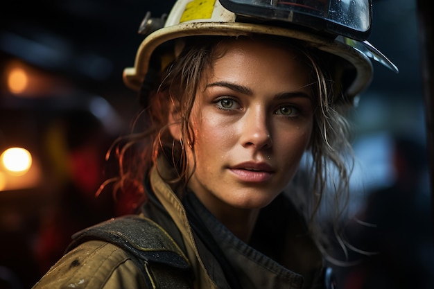 Retrato de uma jovem bombeira em pé perto do caminhão de bombeiros