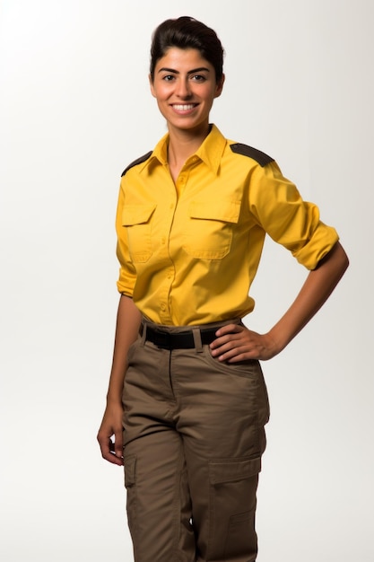 Foto retrato de uma jovem bombeira em uniforme