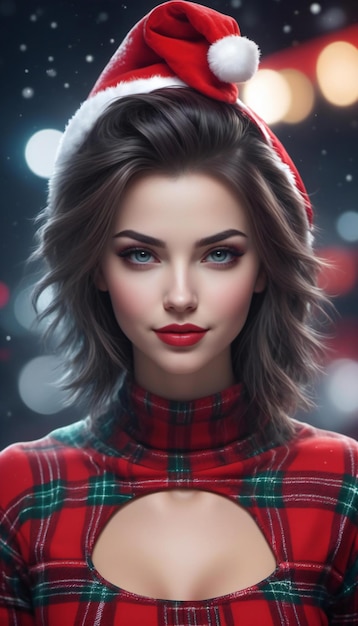 Retrato de uma jovem bonita com chapéu de Papai Noel sobre o fundo de Natal