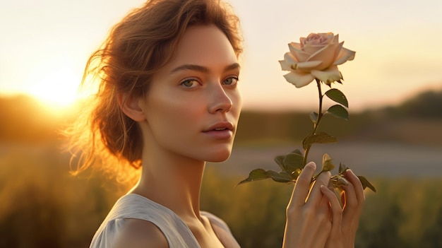 Retrato de uma jovem bonita com flor rosa na mão ao pôr do sol