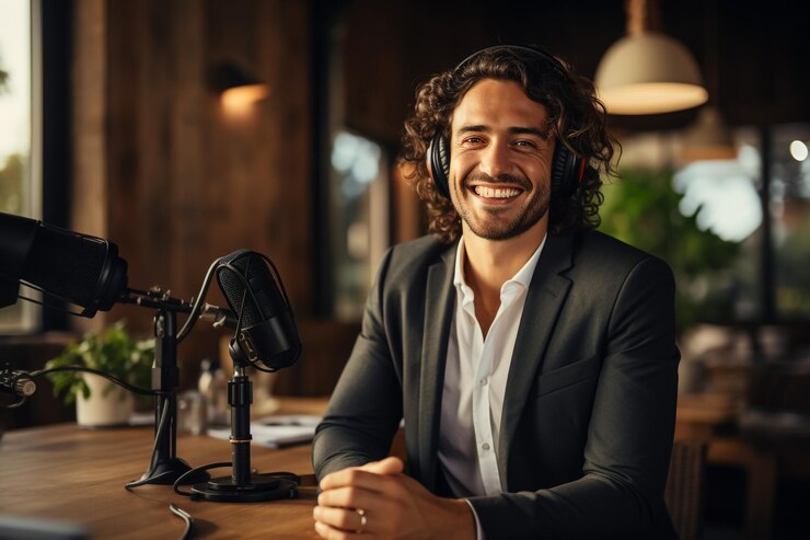 Foto retrato de uma jovem bonita com fones de ouvido falando em microfone na estação de rádio