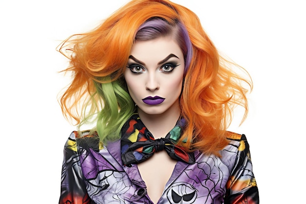 Retrato de uma jovem bonita com maquiagem brilhante e cabelos coloridos