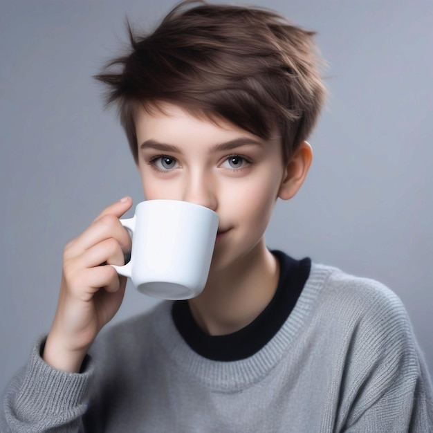 Retrato de uma jovem bonita e bonita com corte de cabelo curto e roupas de menino na moda bebendo uma chávena de c