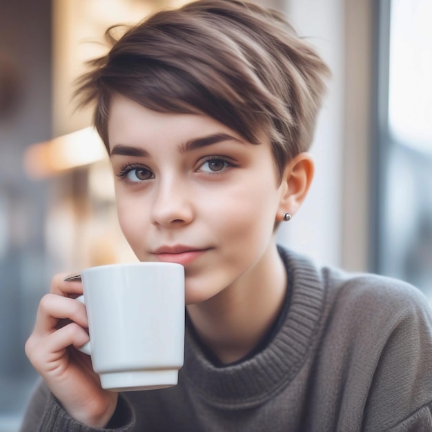 Retrato de uma jovem bonita e bonita com corte de cabelo curto e roupas de menino na moda bebendo uma chávena de c