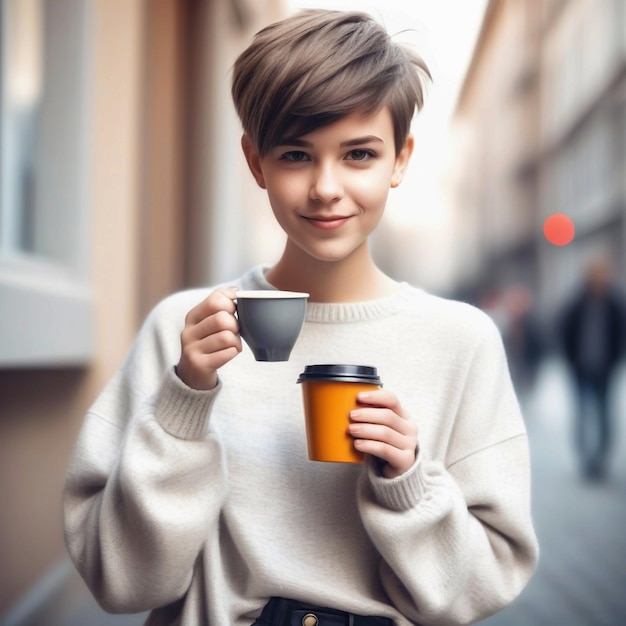 Retrato de uma jovem bonita e bonita com corte de cabelo curto e roupas de menino na moda bebendo uma chávena de c