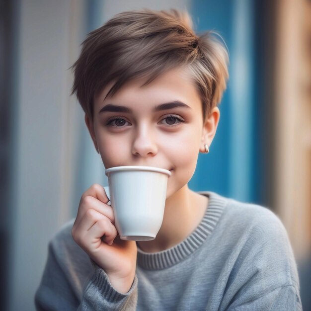 Retrato de uma jovem bonita e bonita com corte de cabelo curto e roupas de menino na moda bebendo uma chávena de c