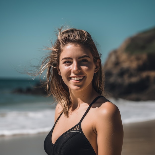 Retrato de uma jovem bonita na praia